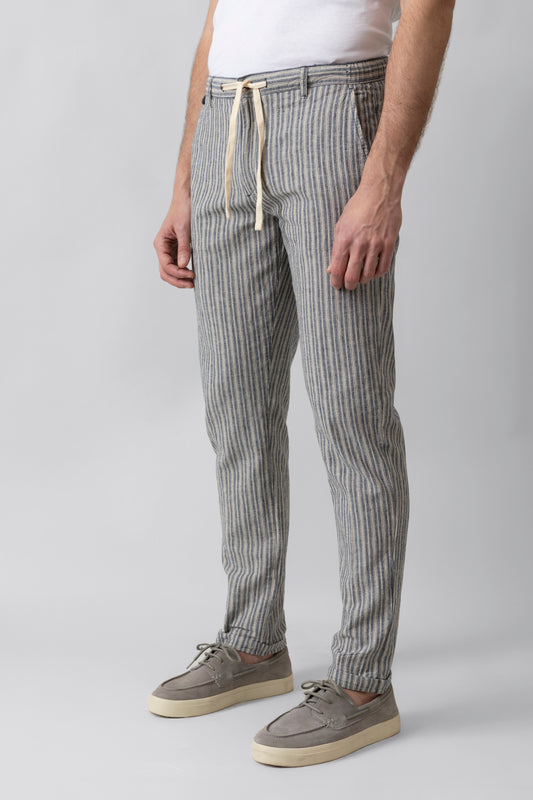 Pants in a linen-cotton blend with blue and beige stripes