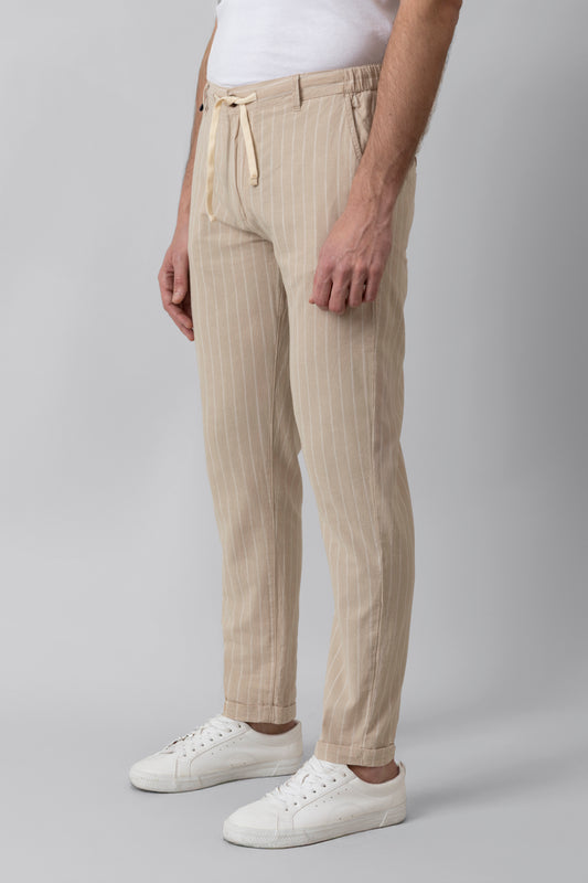 Beige and sand striped linen-cotton pants