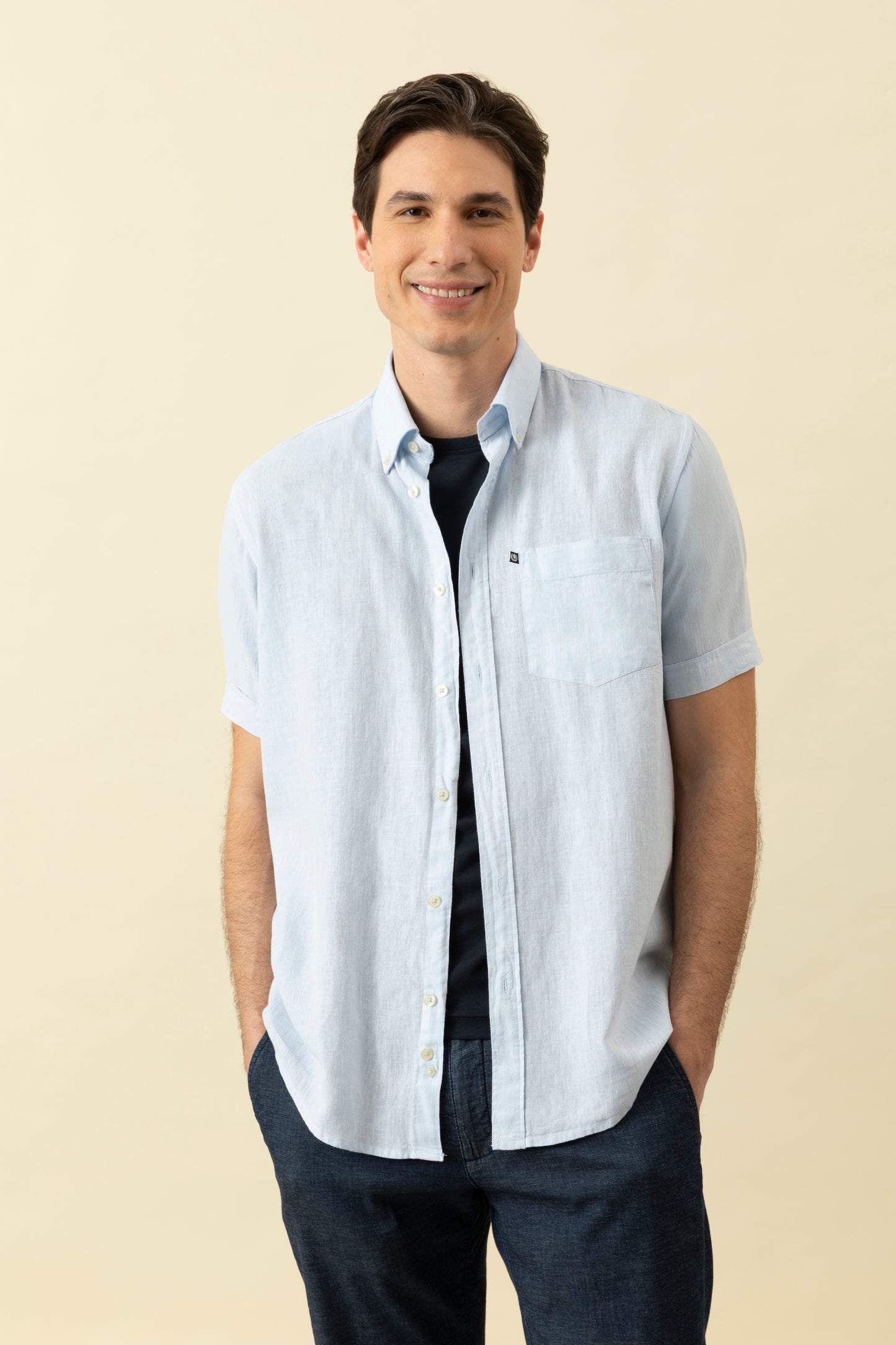 Camicia manica corta button down in misto lino cotone