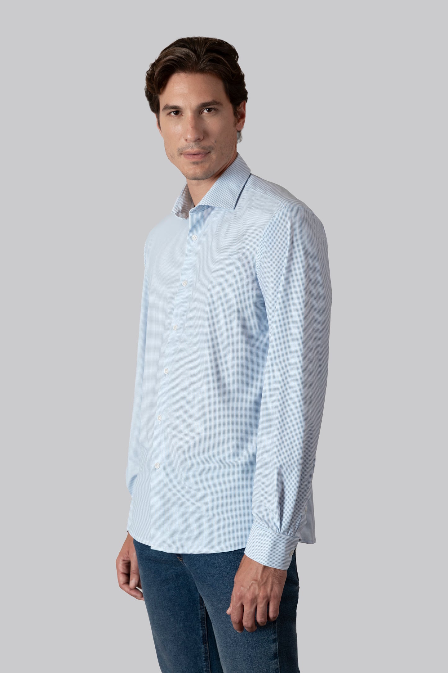 Camicia collo classico in tessuto stampato tech-stretch no stiro