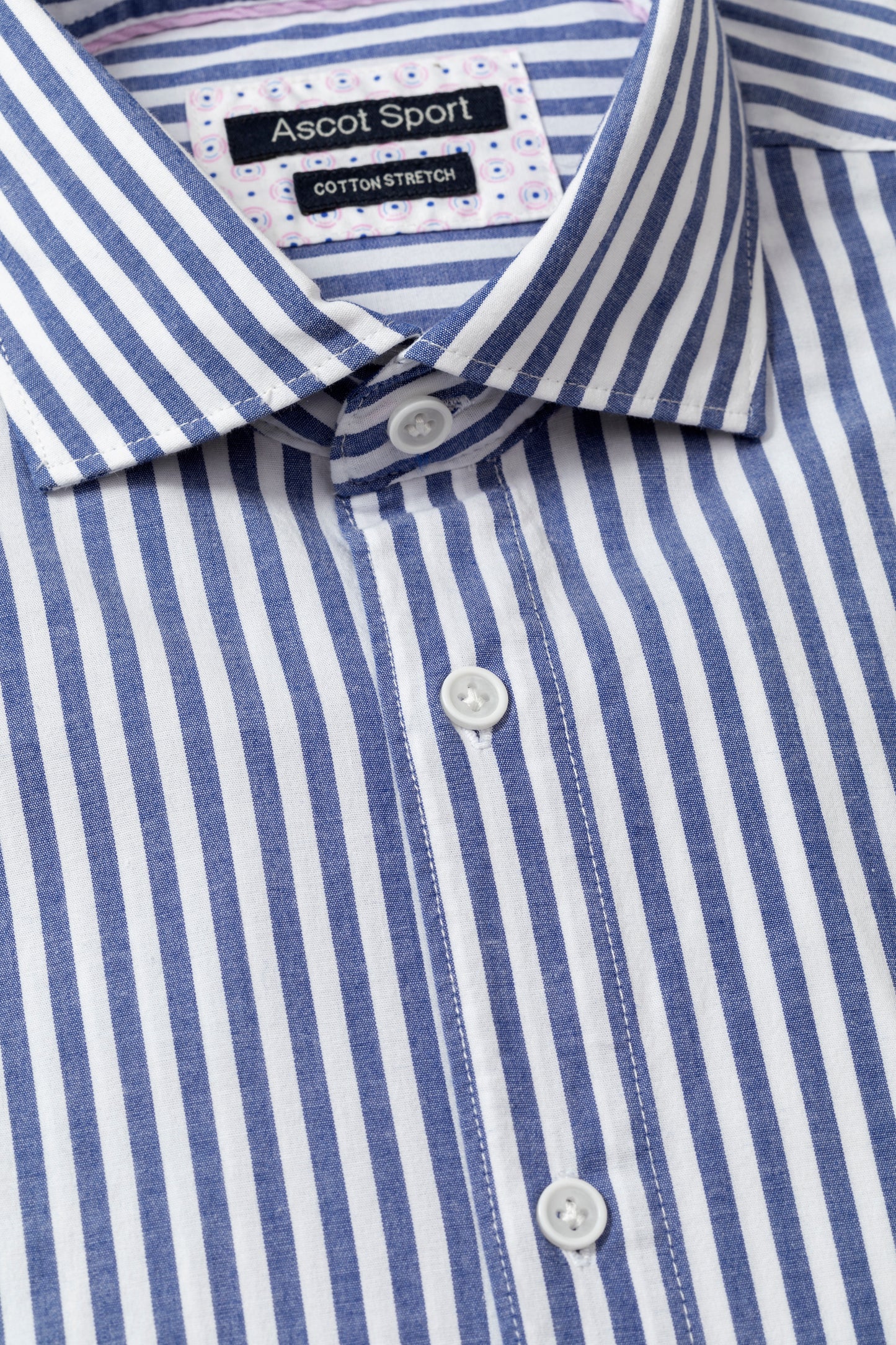 Camicia collo classico in cotone stretch fantasia riga blu e bianco