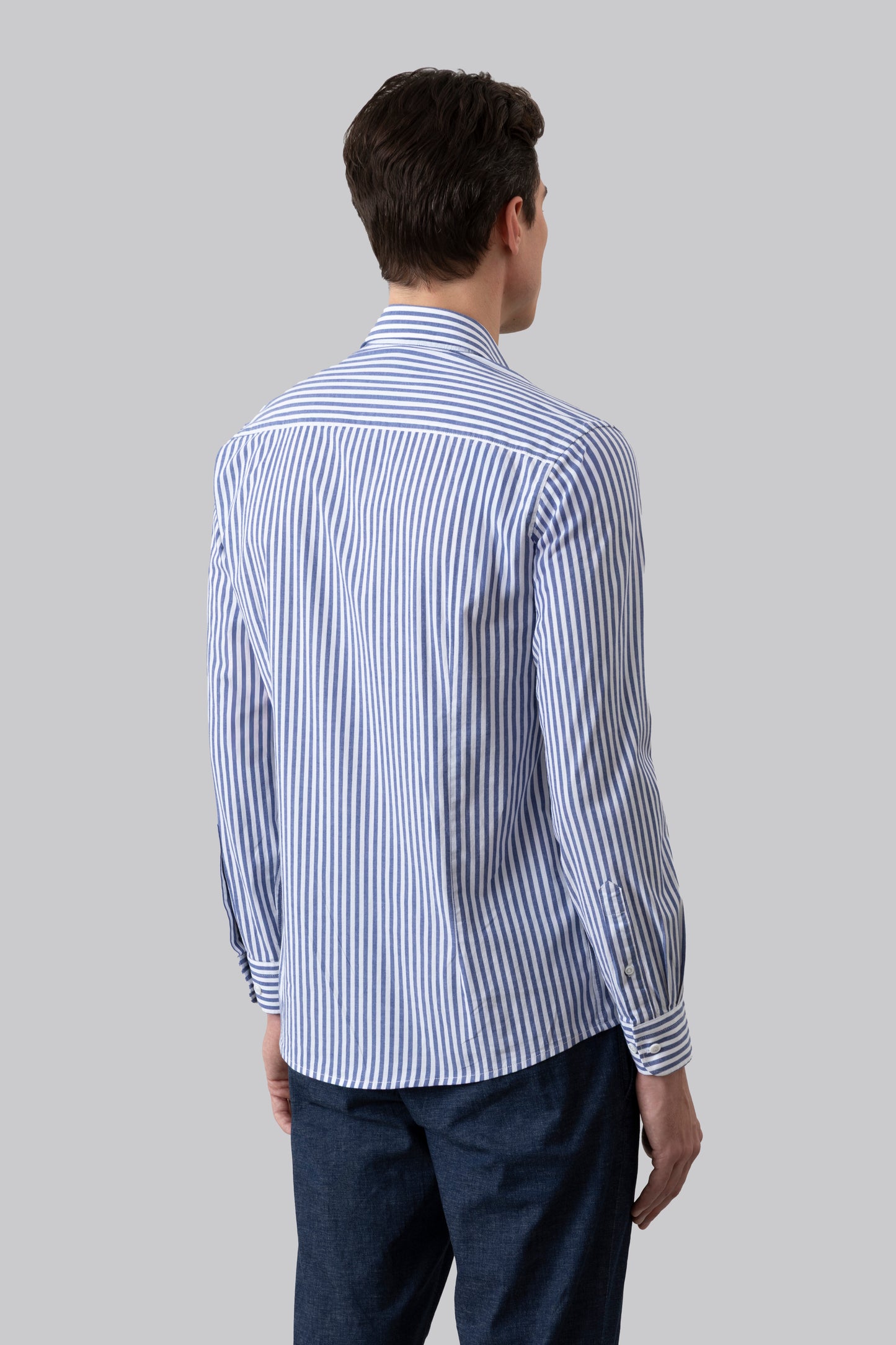 Camicia collo classico in cotone stretch fantasia riga blu e bianco