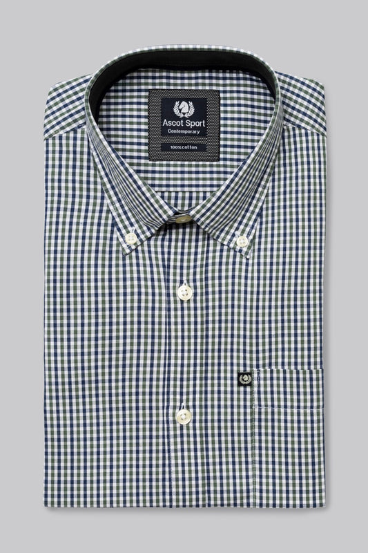Camicia button down con taschino in popeline fantasia micro quadri