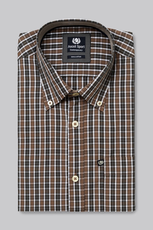 Camicia button down con taschino in popeline fantasia quadri