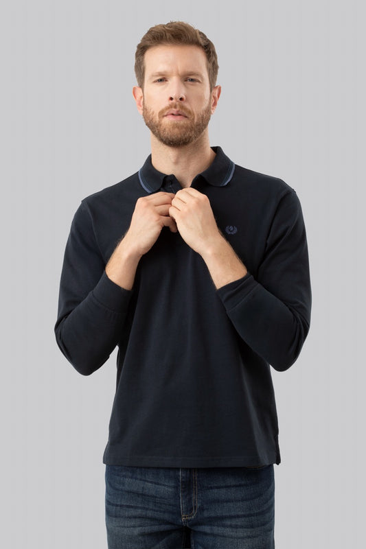Polo manica lunga in cotone suede righe a contrasto e sottocollo logato