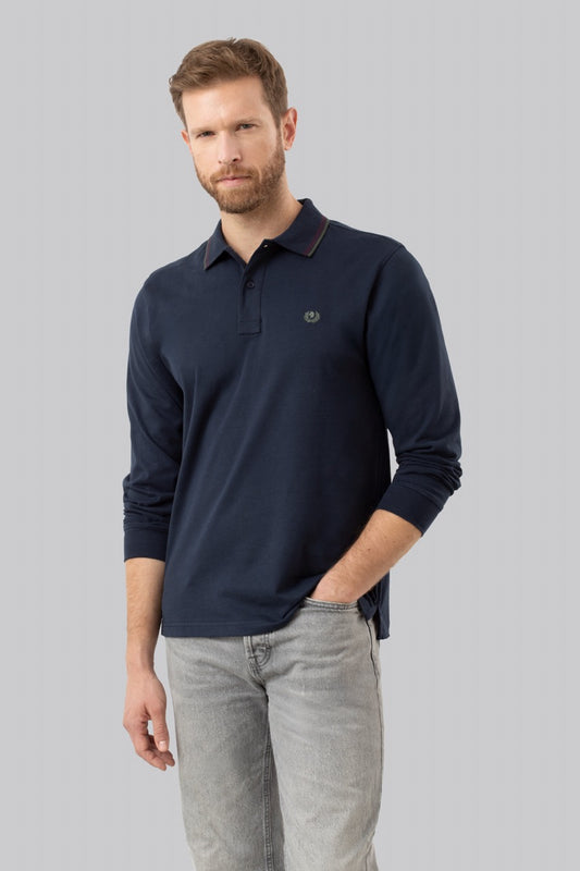 Polo manica lunga in cotone suede righe a contrasto e sottocollo logato