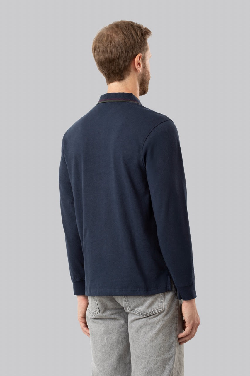 Polo manica lunga in cotone suede righe a contrasto e sottocollo logato
