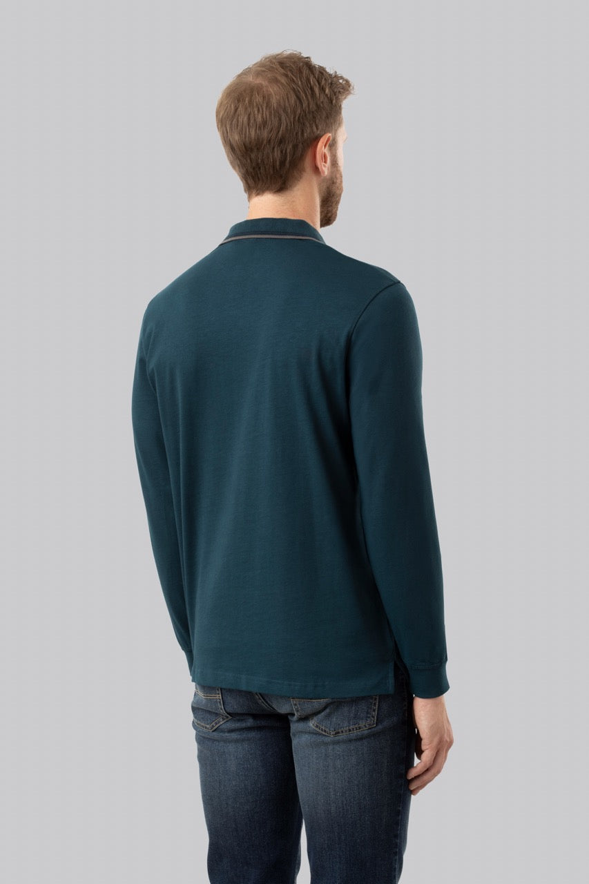 Polo manica lunga in cotone suede righe a contrasto e sottocollo logato