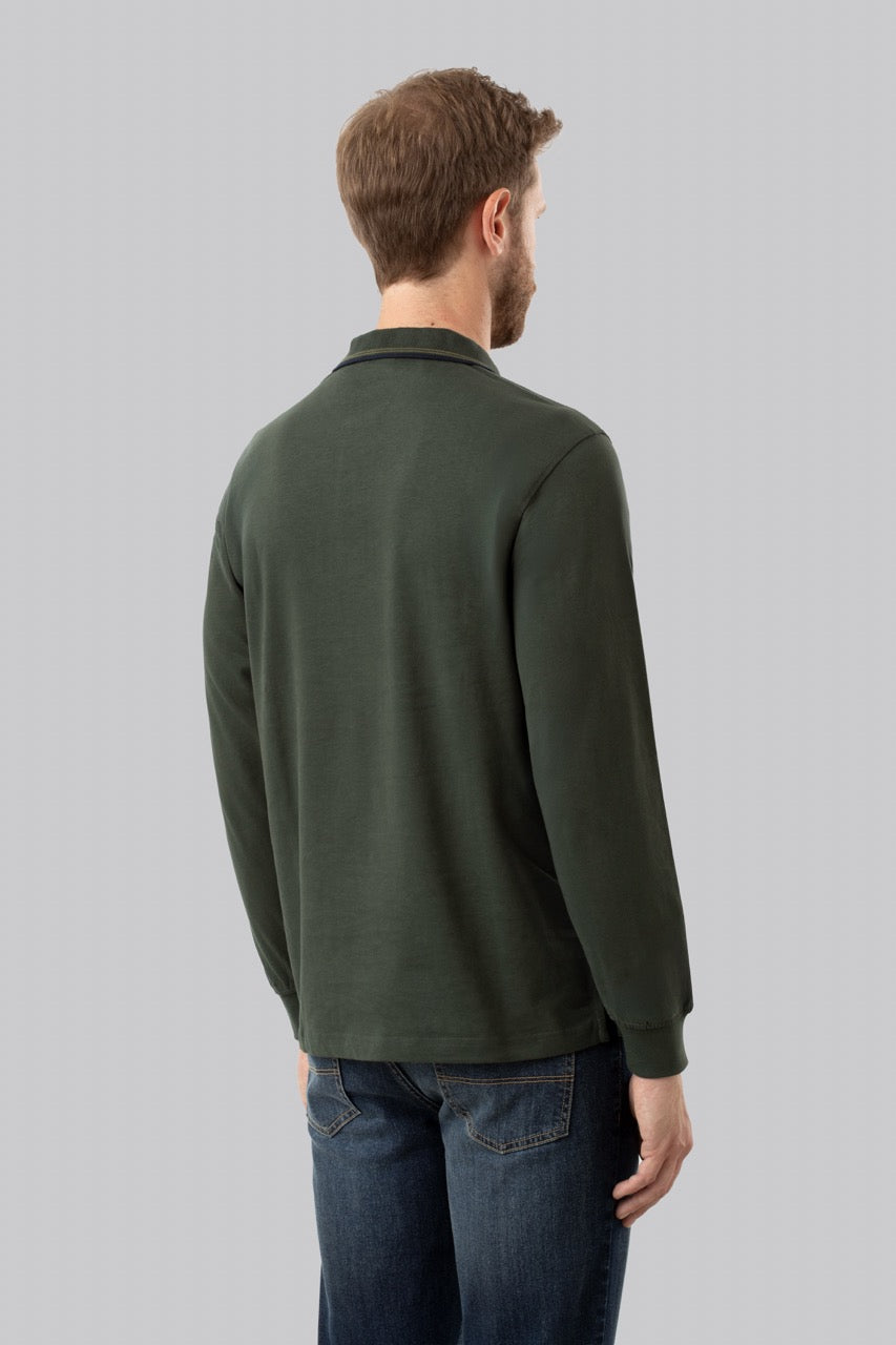 Polo manica lunga in cotone suede righe a contrasto e sottocollo logato