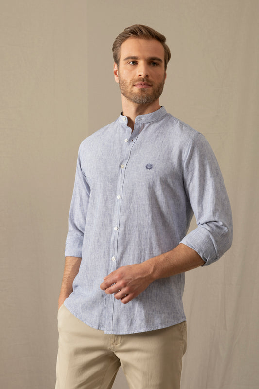 Camicia in misto lino cotone collo corea