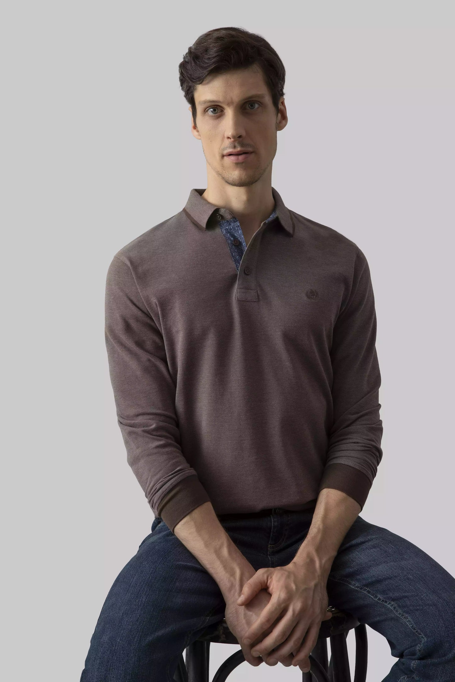 Two-tone effect long-sleeved polo shirt with inside neck print