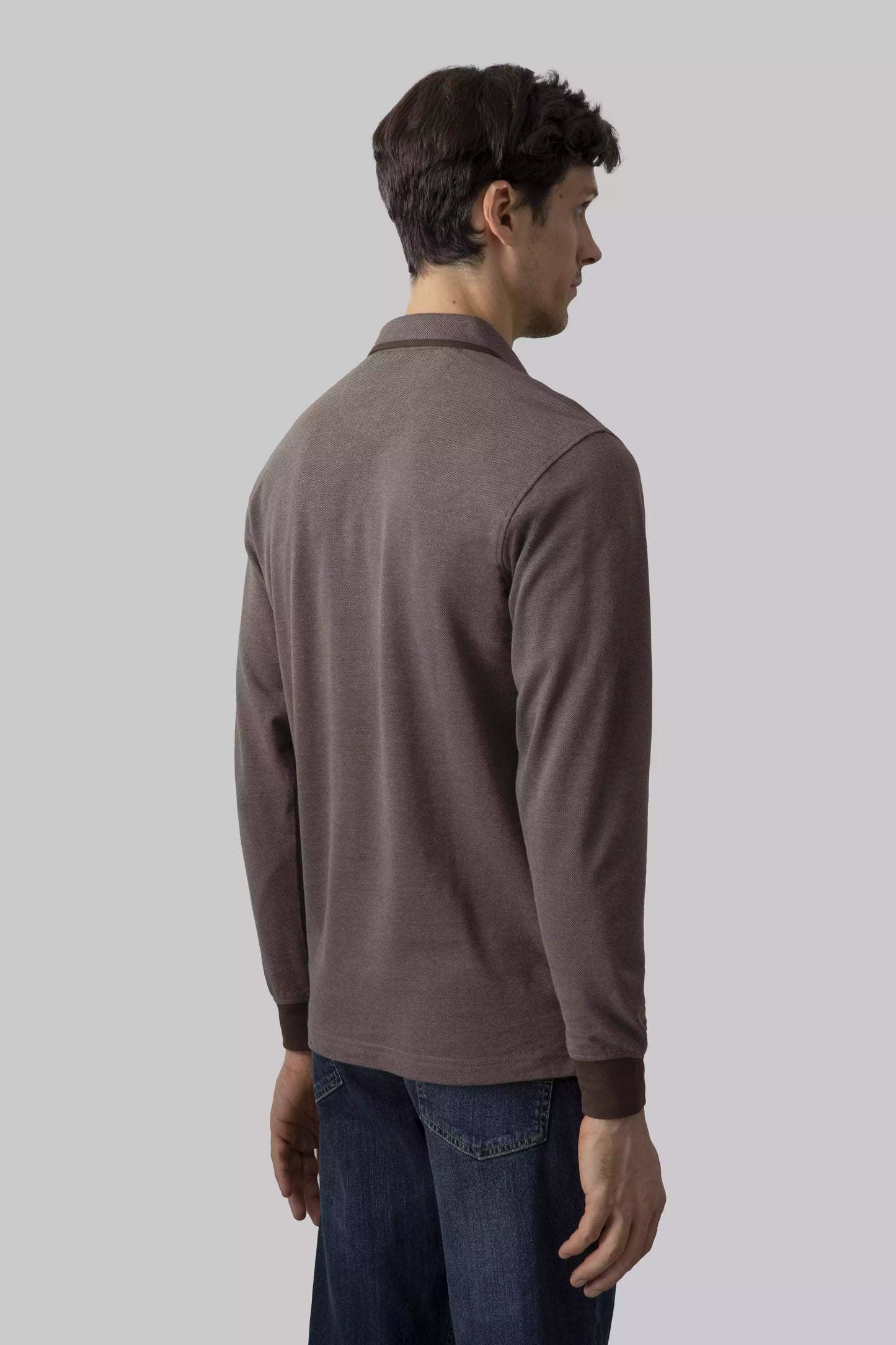 Two-tone effect long-sleeved polo shirt with inside neck print