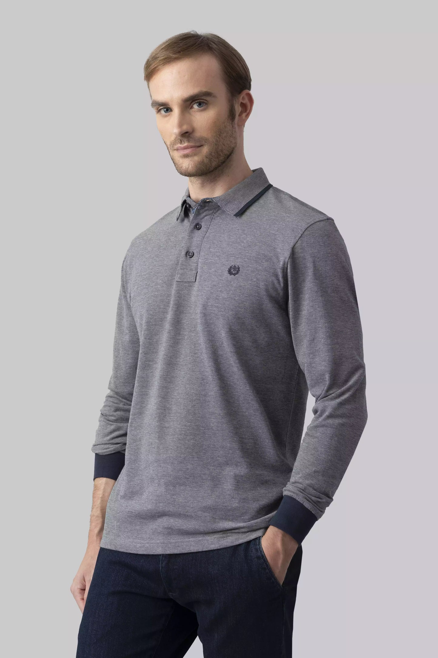 Two-tone effect long-sleeved polo shirt with inside neck print
