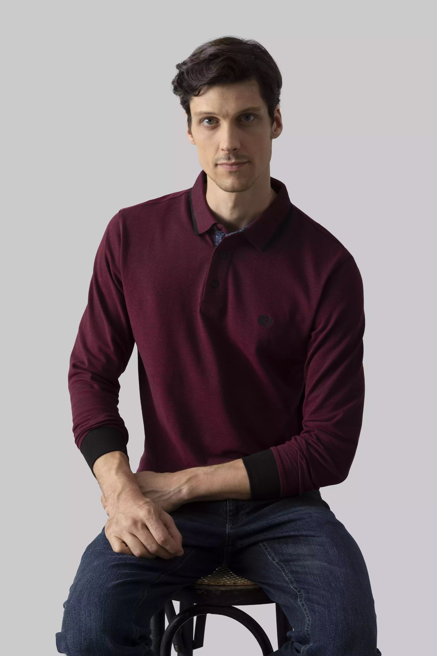 Two-tone effect long-sleeved polo shirt with inside neck print