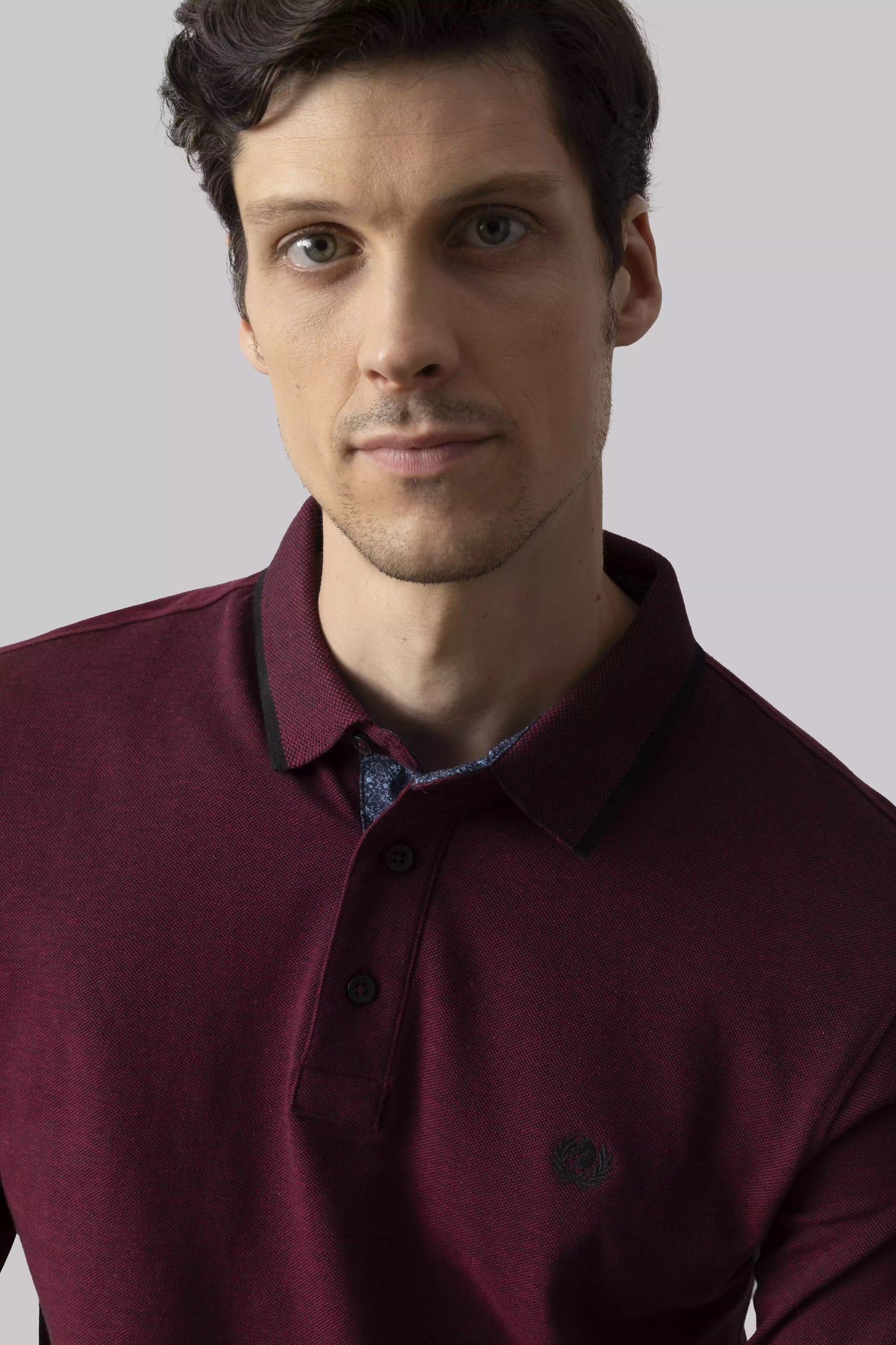 Two-tone effect long-sleeved polo shirt with inside neck print
