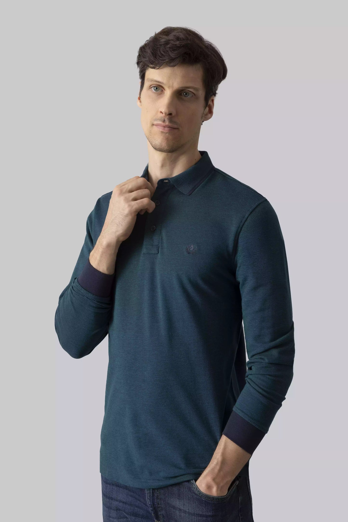 Two-tone effect long-sleeved polo shirt with inside neck print