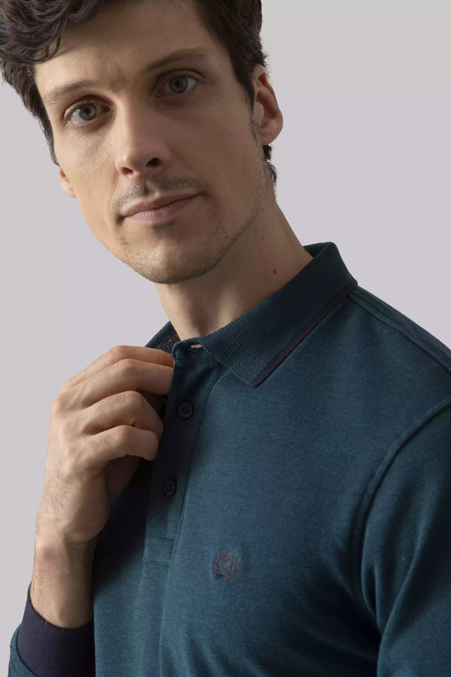 Two-tone effect long-sleeved polo shirt with inside neck print