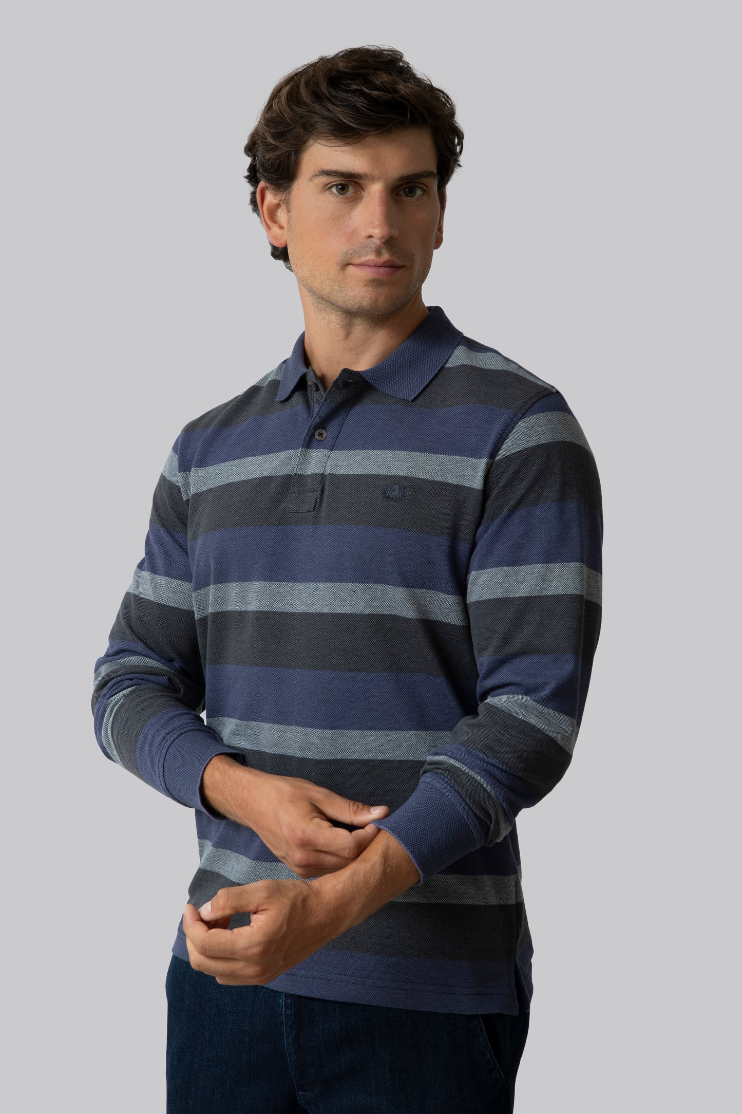 Long sleeve polo shirt with two-tone effect multicolored stripe