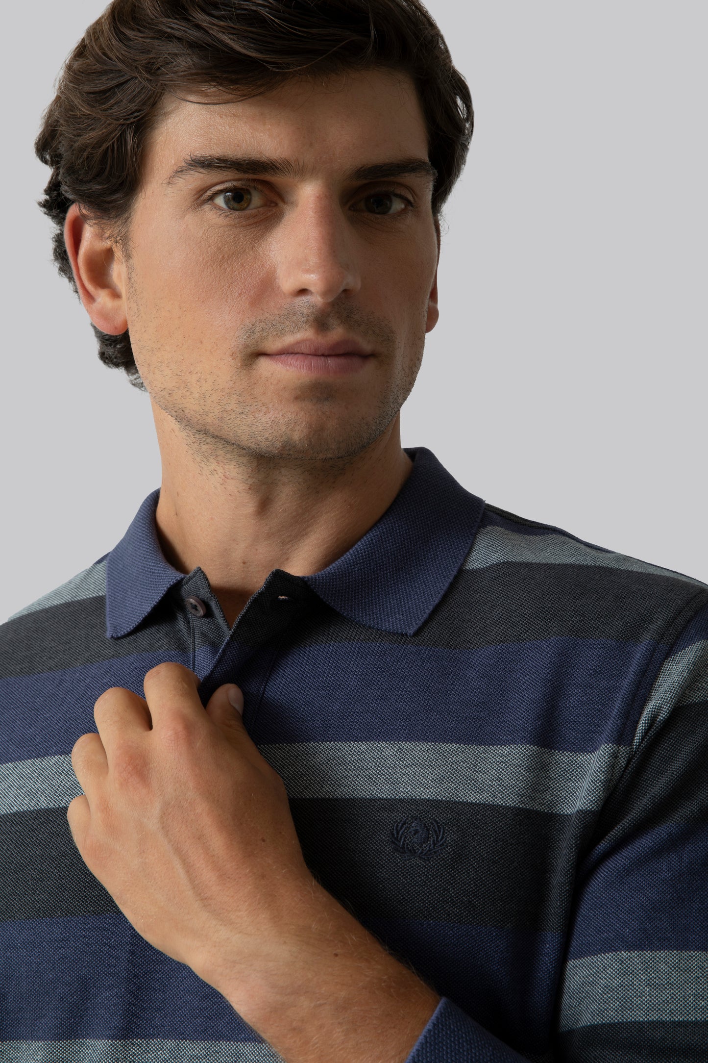 Long sleeve polo shirt with two-tone effect multicolored stripe
