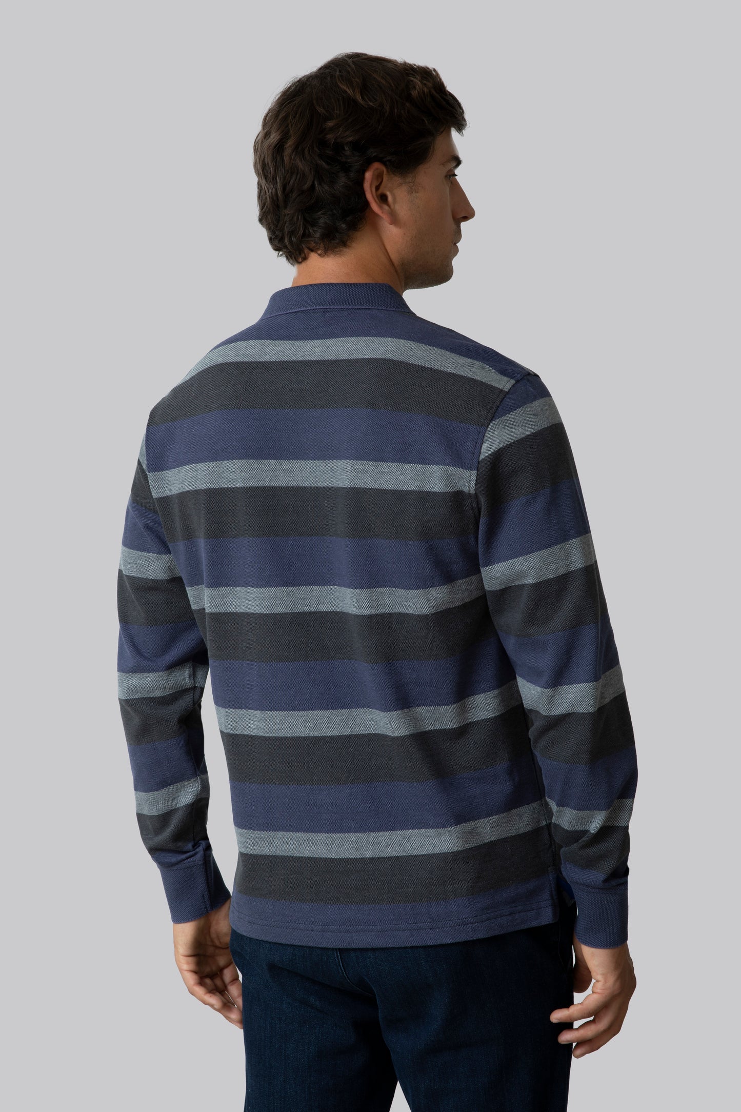 Long sleeve polo shirt with two-tone effect multicolored stripe