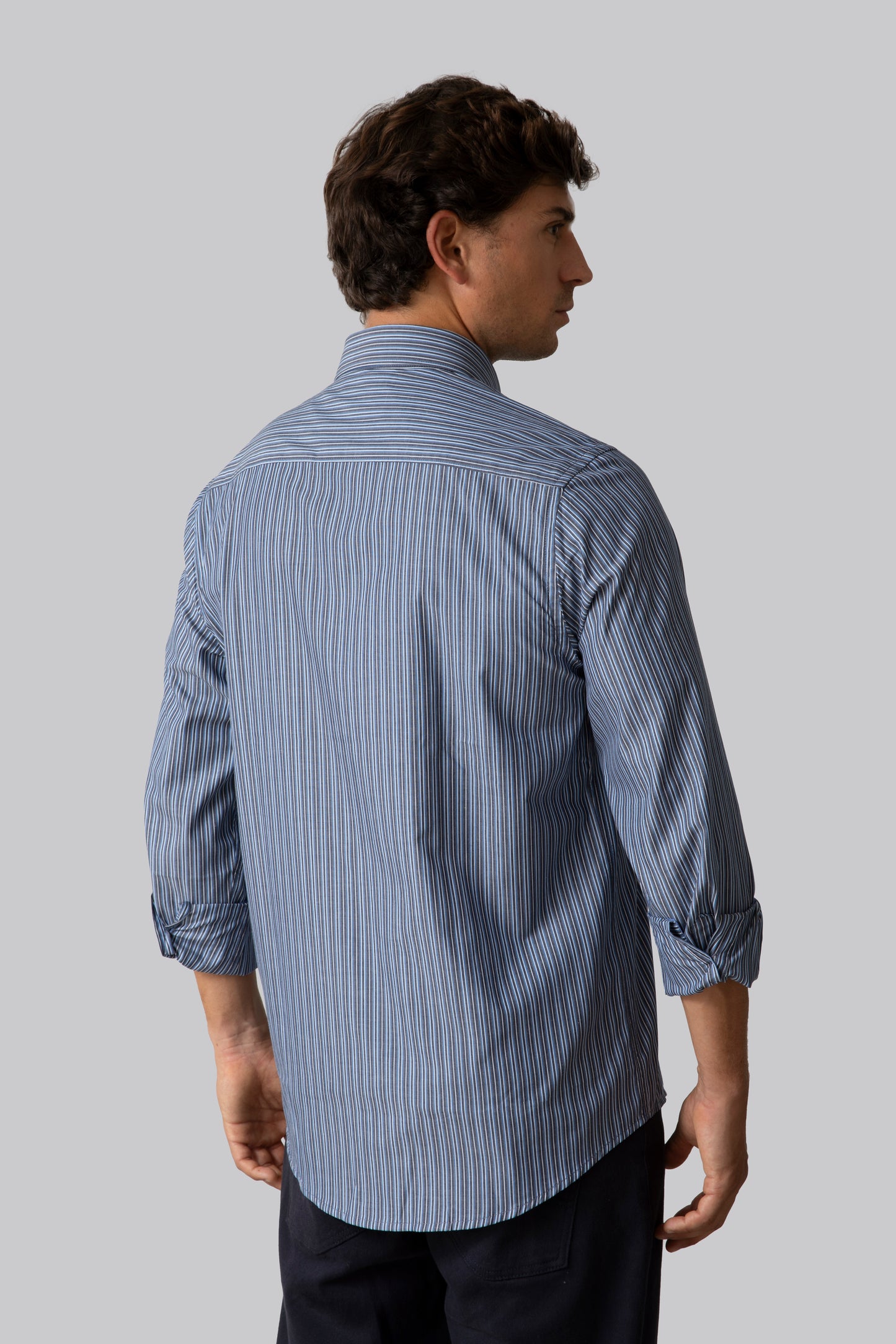 Button-down shirt with multicolored stripe pattern