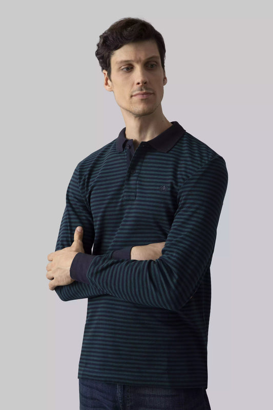 Micro striped long sleeve polo shirt with contrasting collar and cuffs