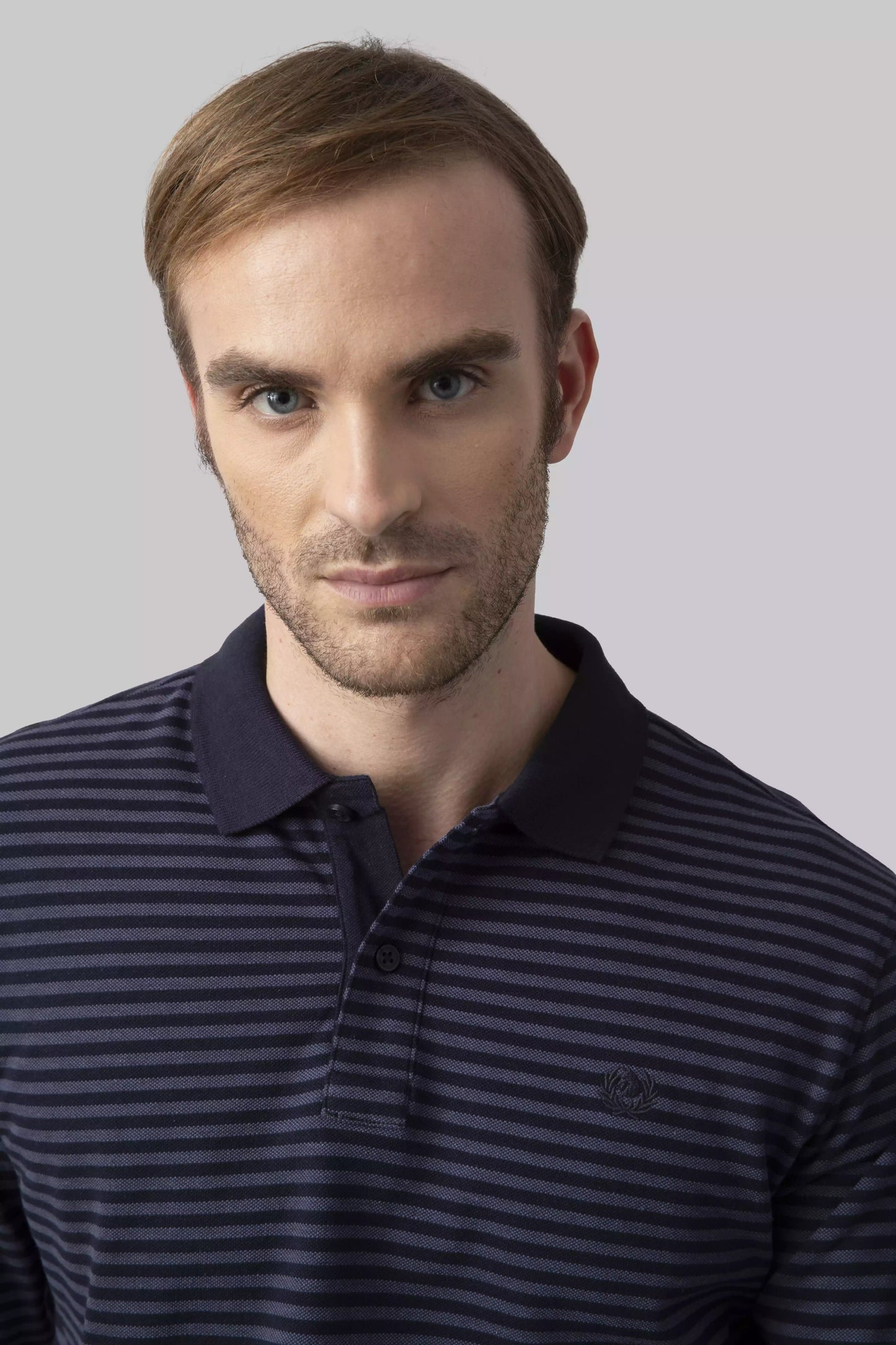 Long sleeve micro stripe polo shirt with contrasting collar and cuffs