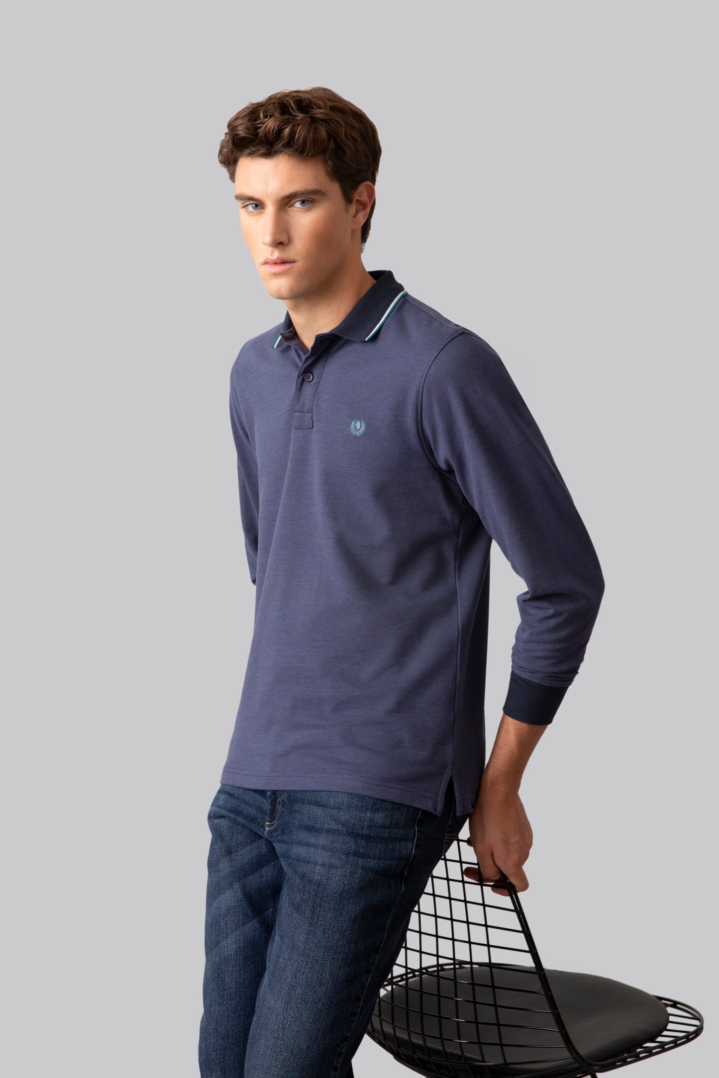 Long sleeve polo shirt in 100% two tone cotton