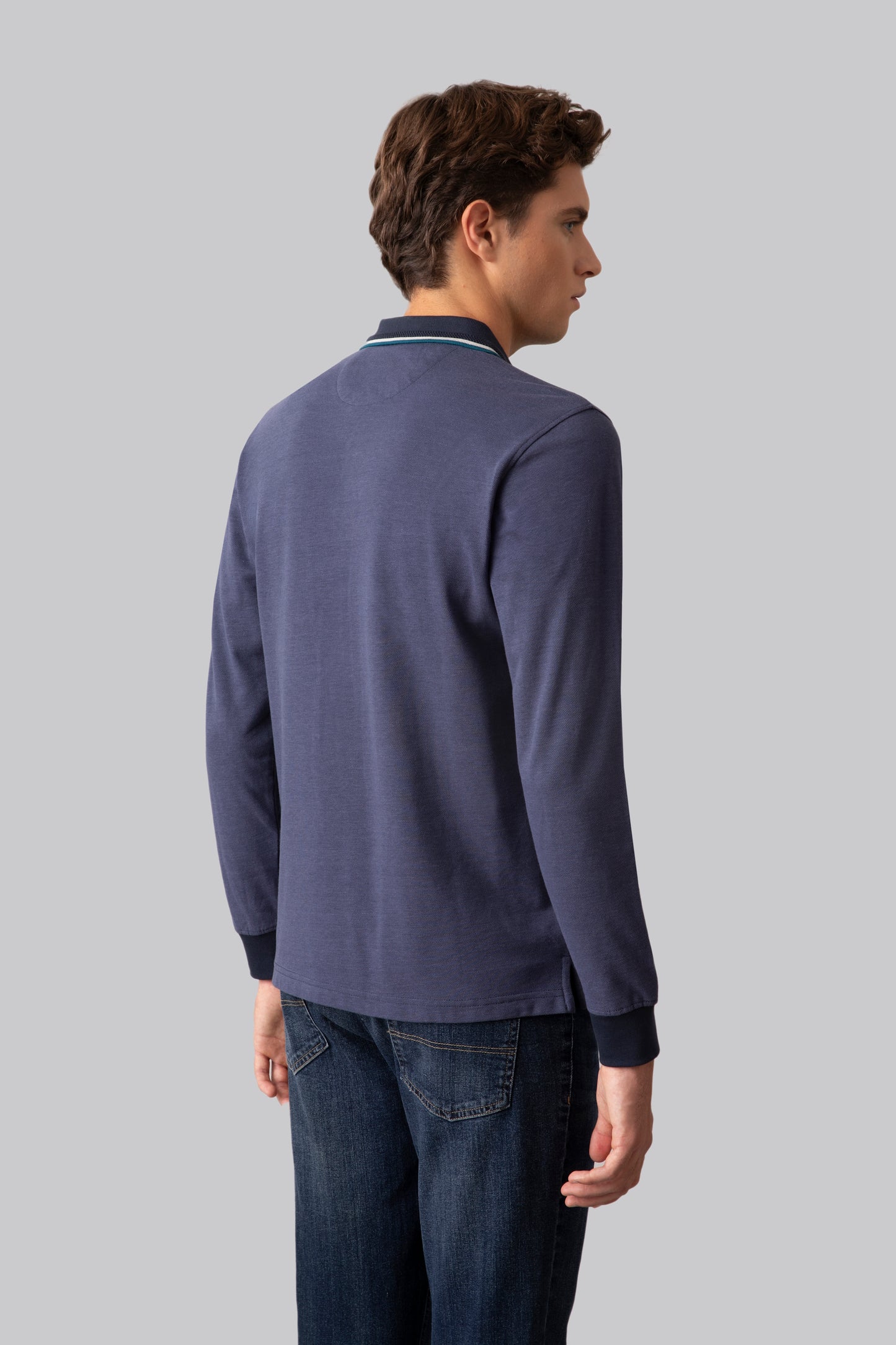 Long sleeve polo shirt in 100% two tone cotton
