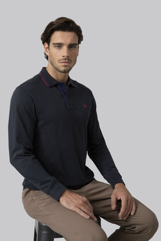 Long-sleeved cotton suede polo shirt