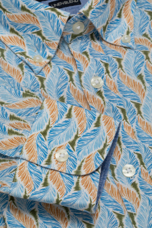 Leaf print shirt in cotton linen blend