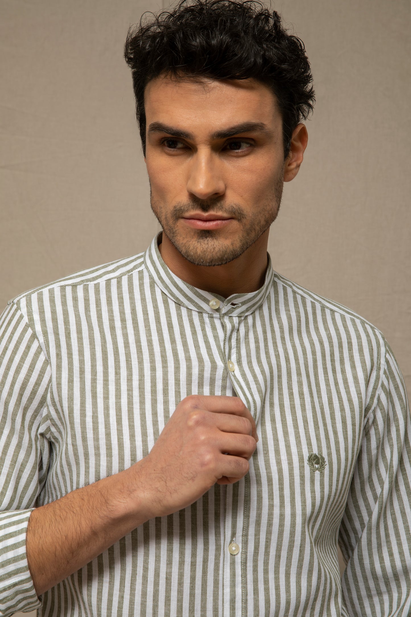 Korean shirt in medium stripe cotton linen blend pattern