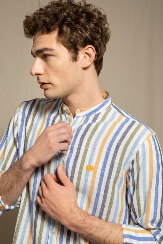 Korean shirt in a linen and cotton blend pattern with multicolor stripes