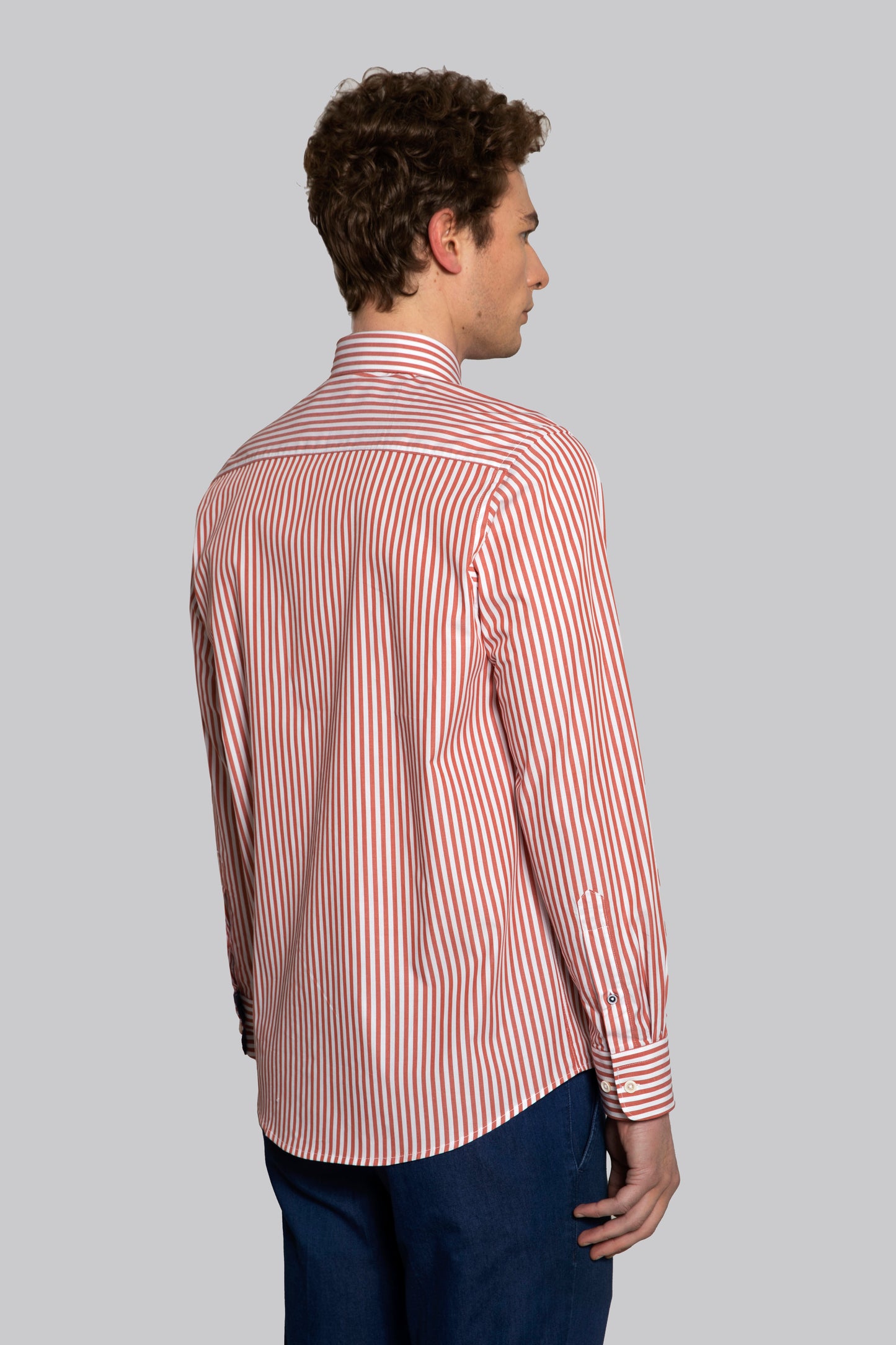 Button-down shirt with even stripes