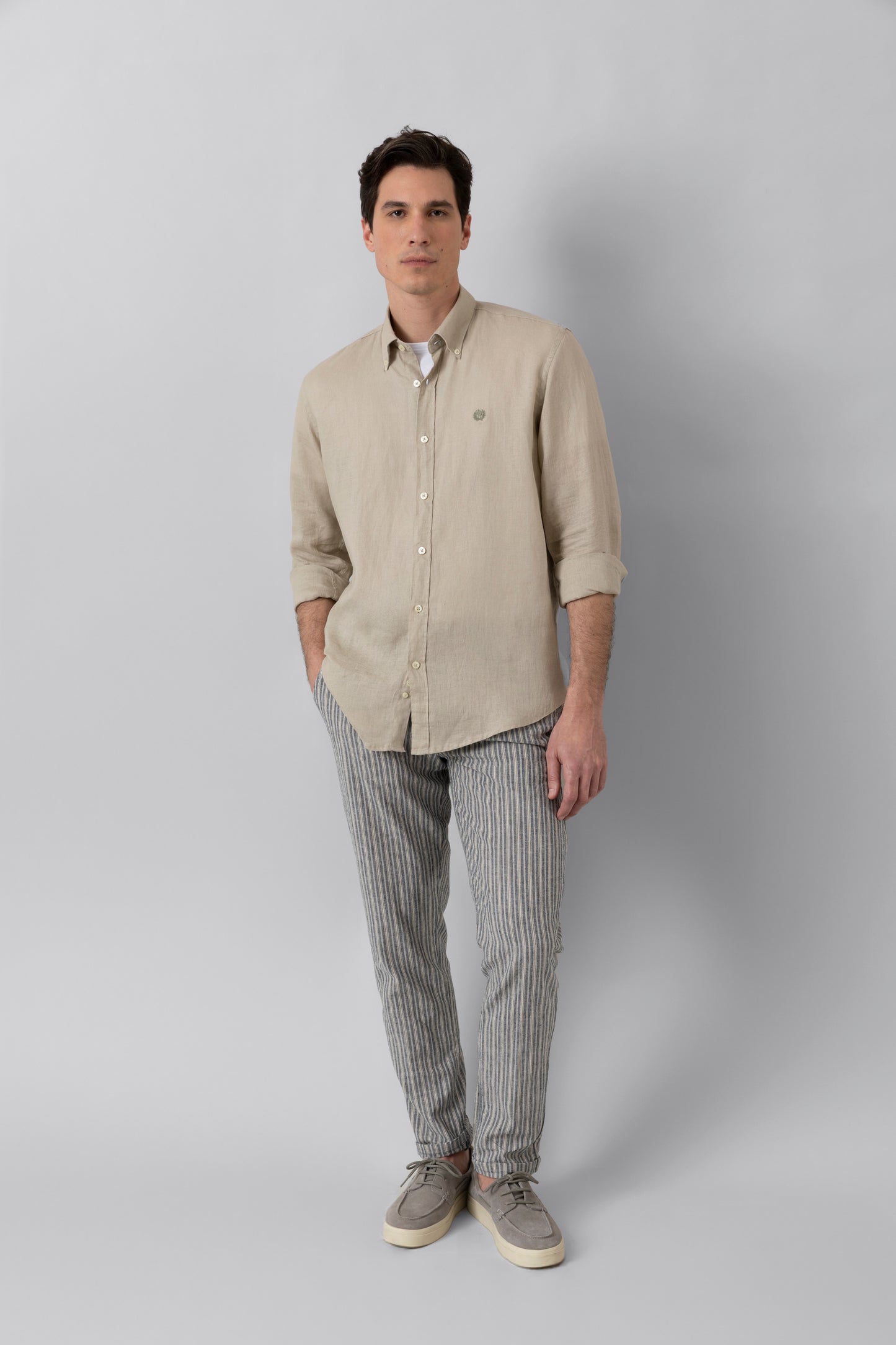 Pantalaccio in misto lino cotone riga blu e beige