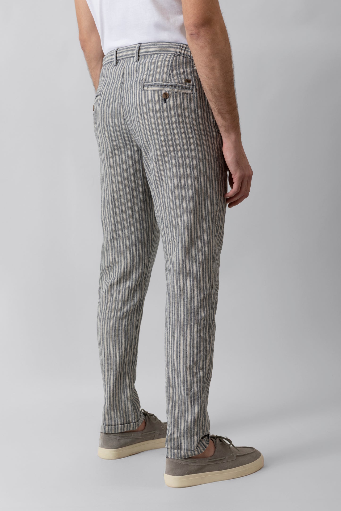 Pantalaccio in misto lino cotone riga blu e beige