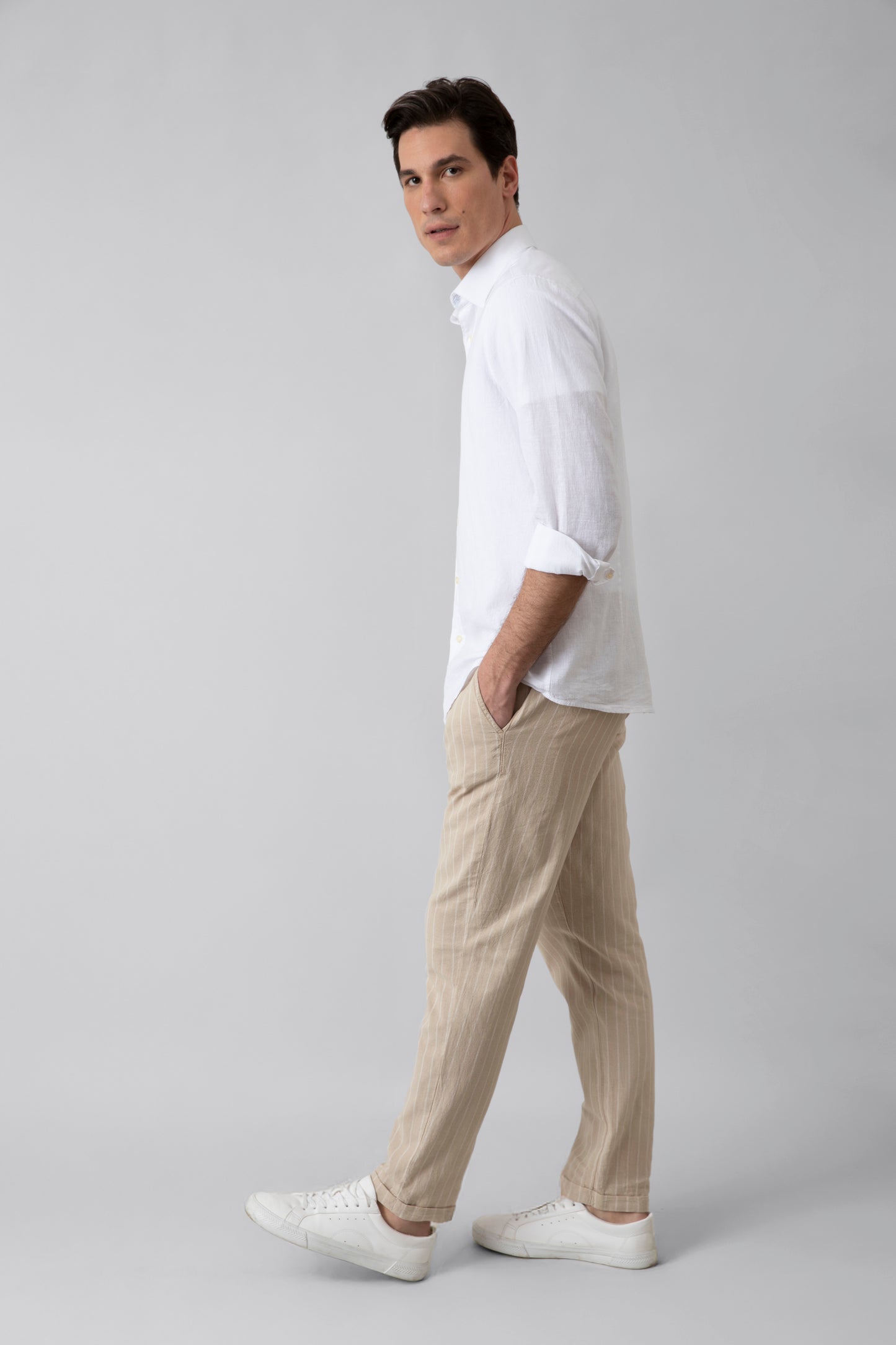 Pantalaccio in misto lino cotone riga beige e sabbia