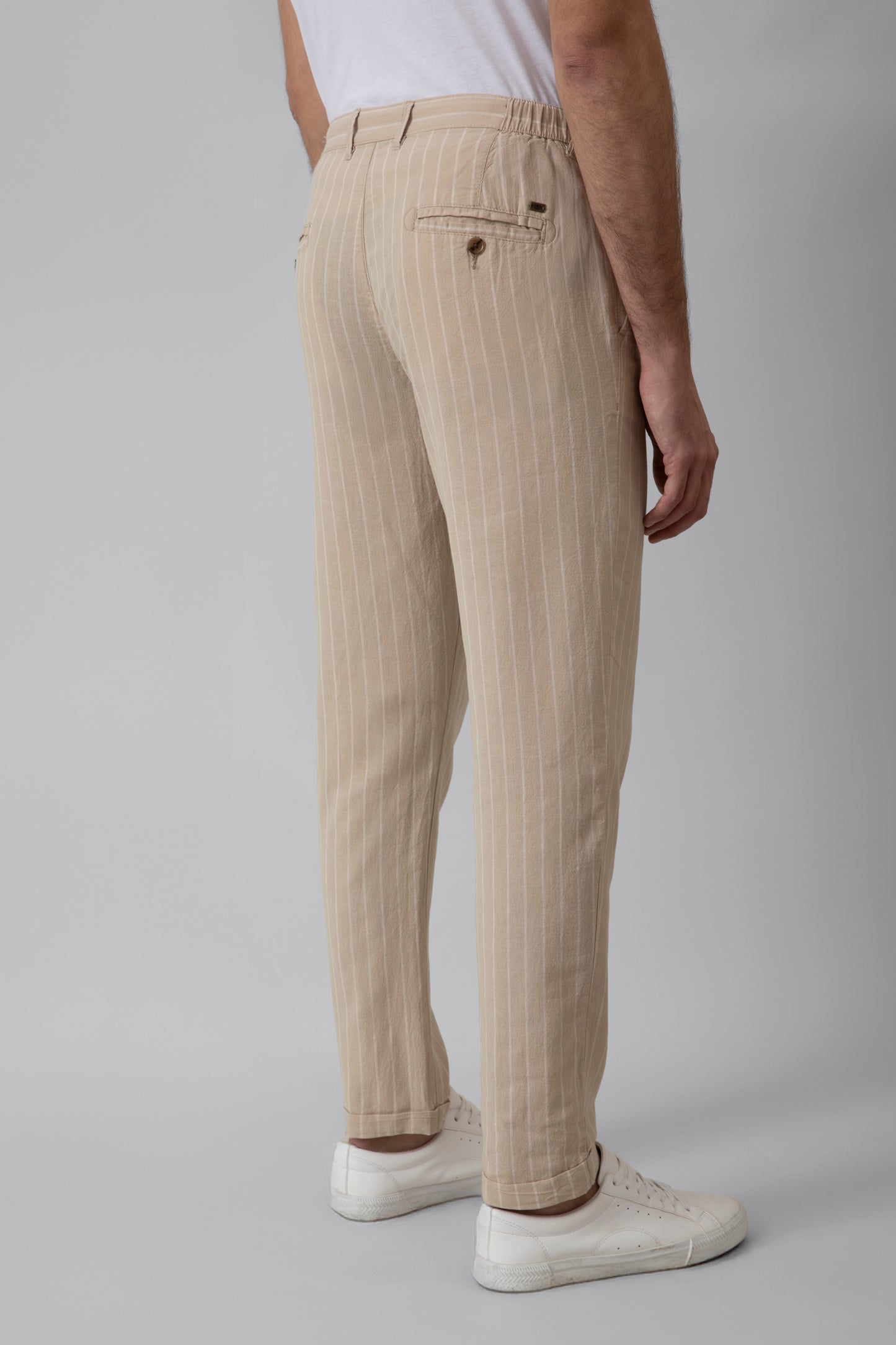 Pantalaccio in misto lino cotone riga beige e sabbia