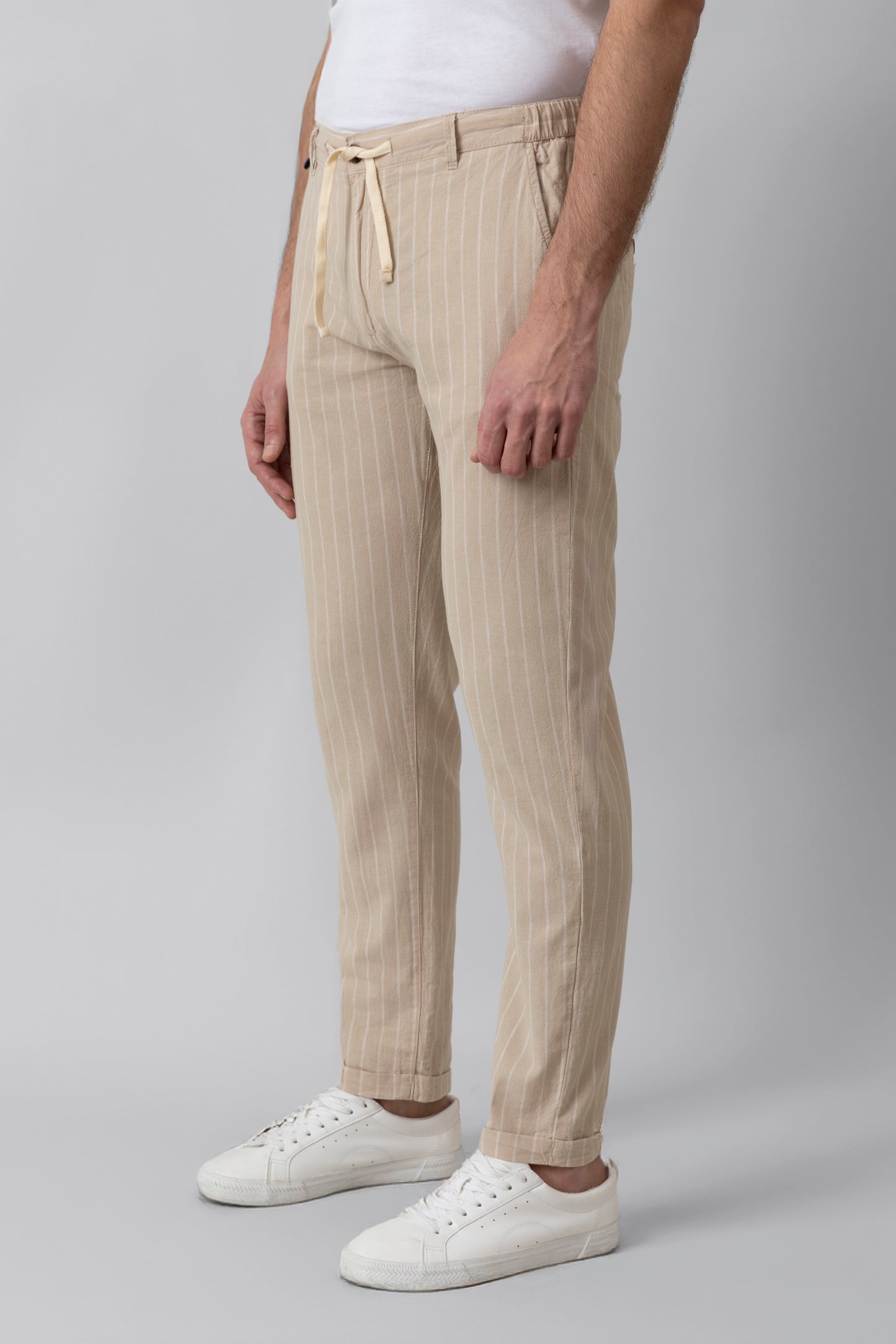 Pantalaccio in misto lino cotone riga beige e sabbia