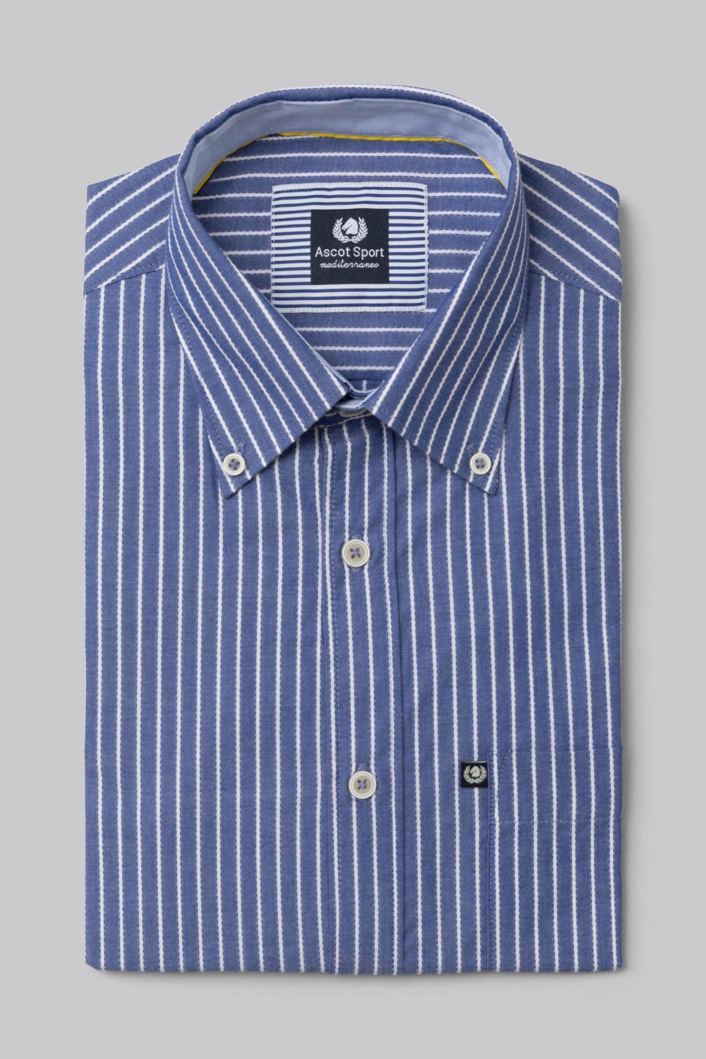 Camicia collo classico in riga jacquard di puro cotone blue bianco