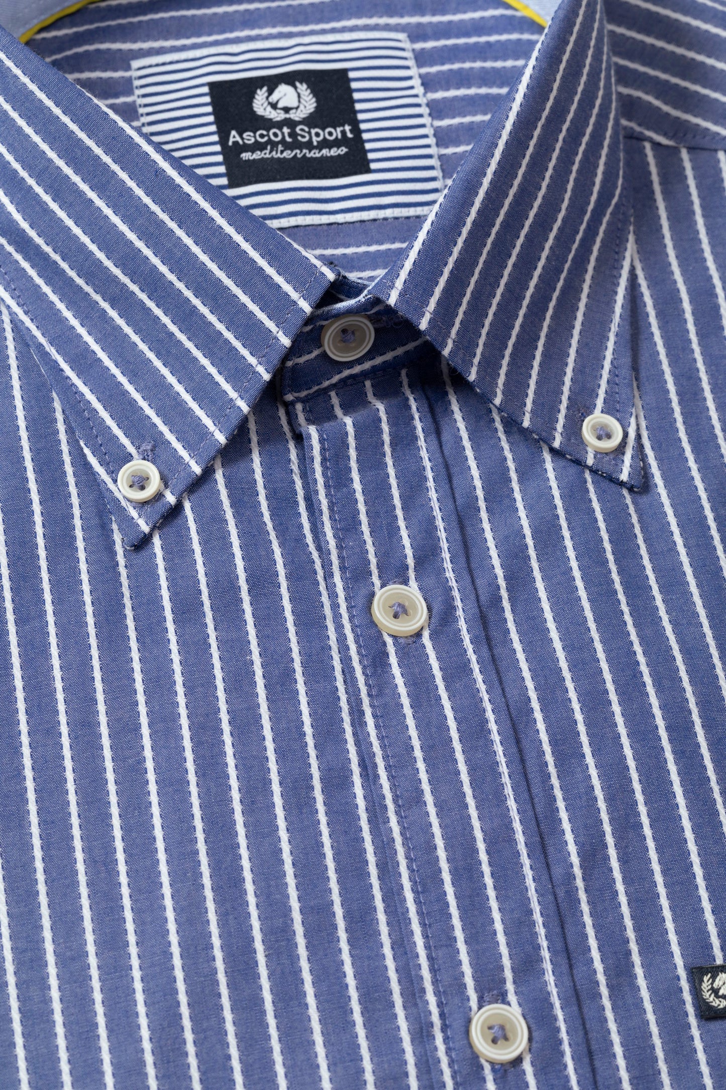 Camicia collo classico in riga jacquard di puro cotone blue bianco