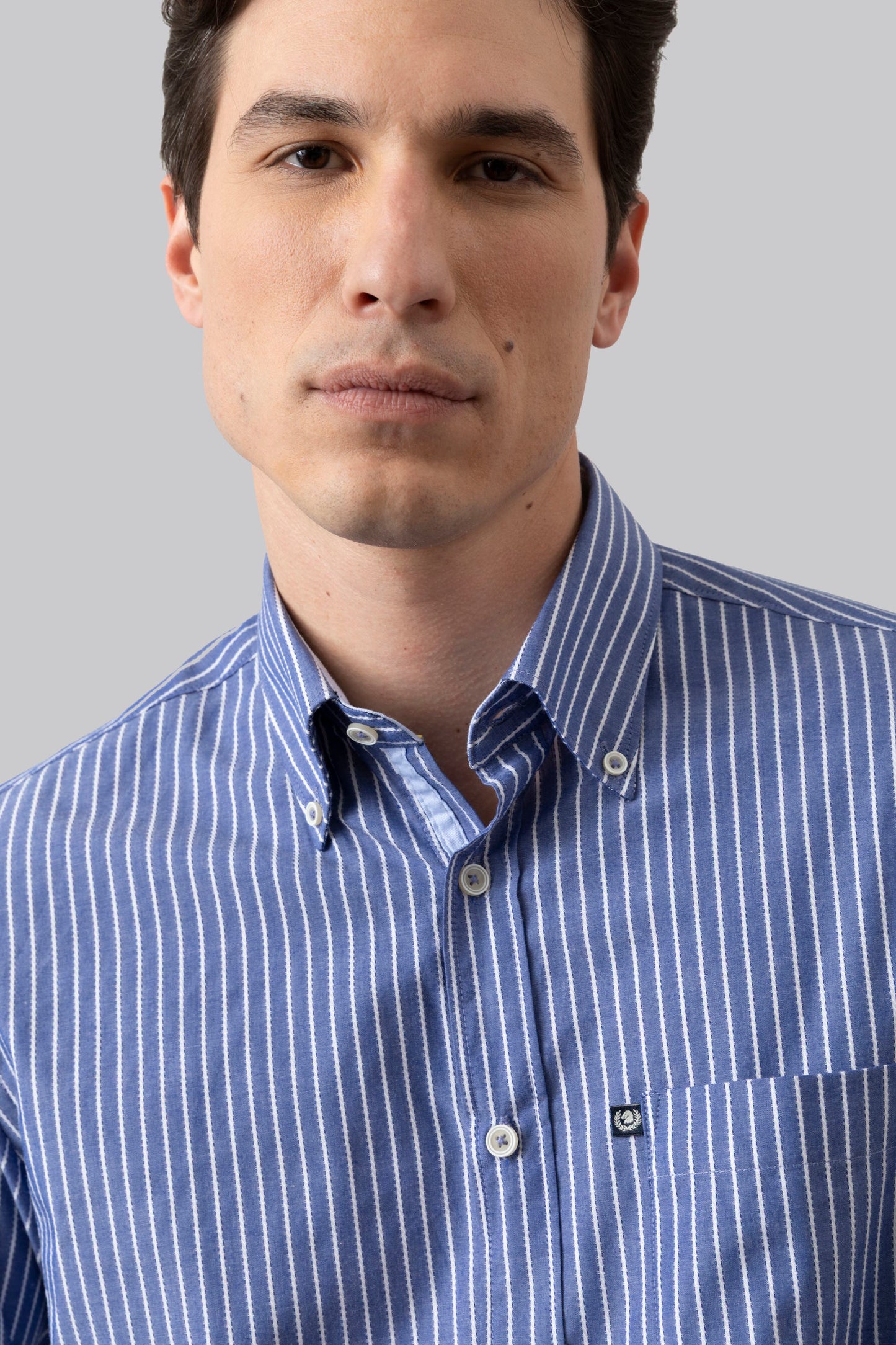 Camicia collo classico in riga jacquard di puro cotone blue bianco