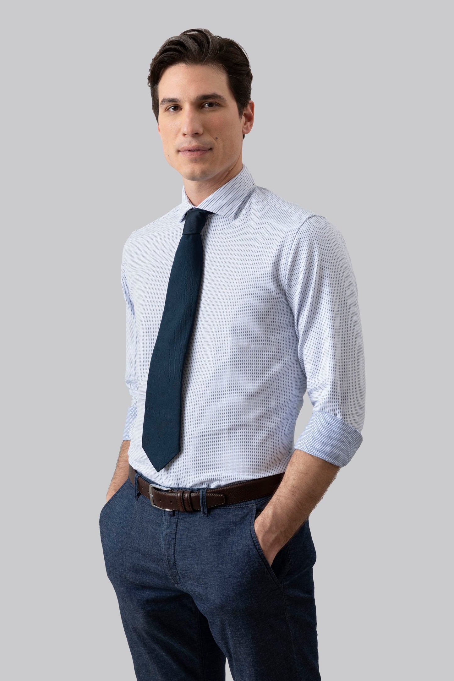 Camicia collo classico in jacquard di puro cotone bianco azzurro