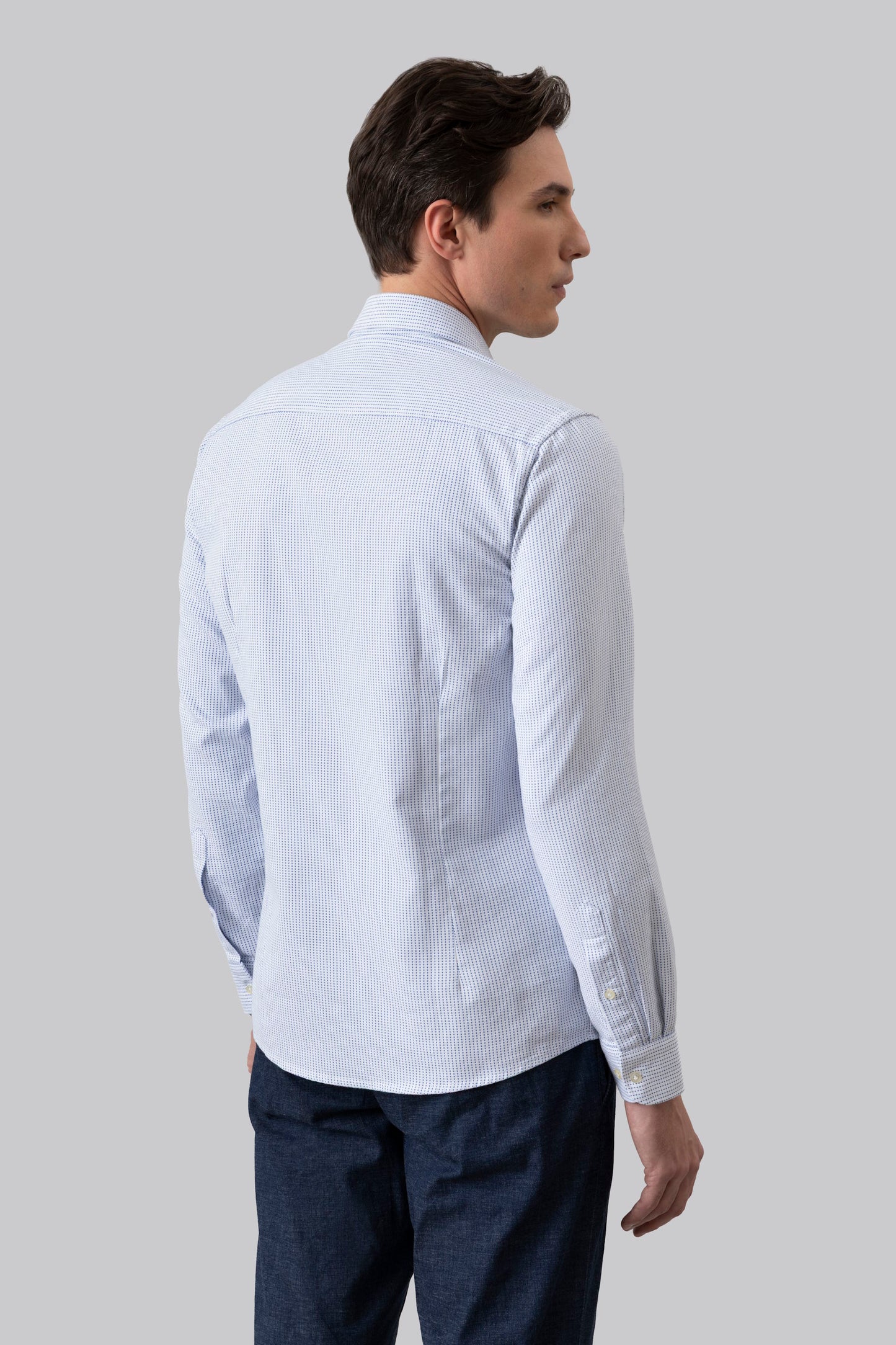 Camicia collo classico in jacquard di puro cotone bianco azzurro