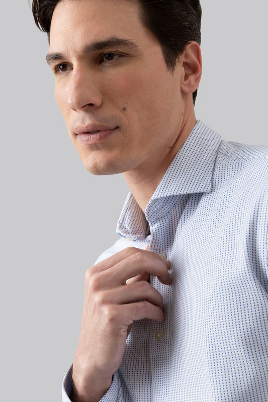Camicia collo classico in jacquard di puro cotone bianco azzurro