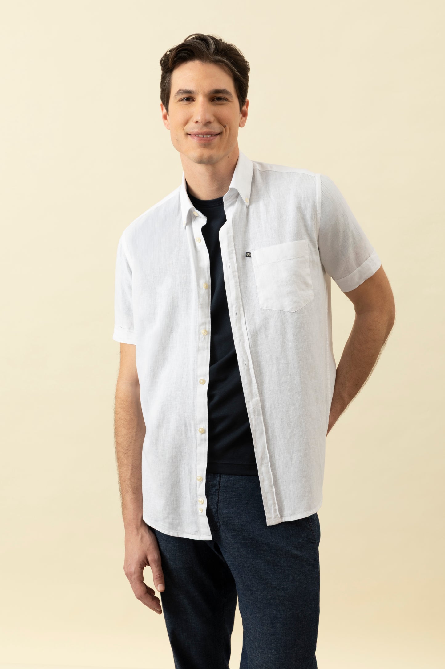 Camicia manica corta button down in misto lino cotone