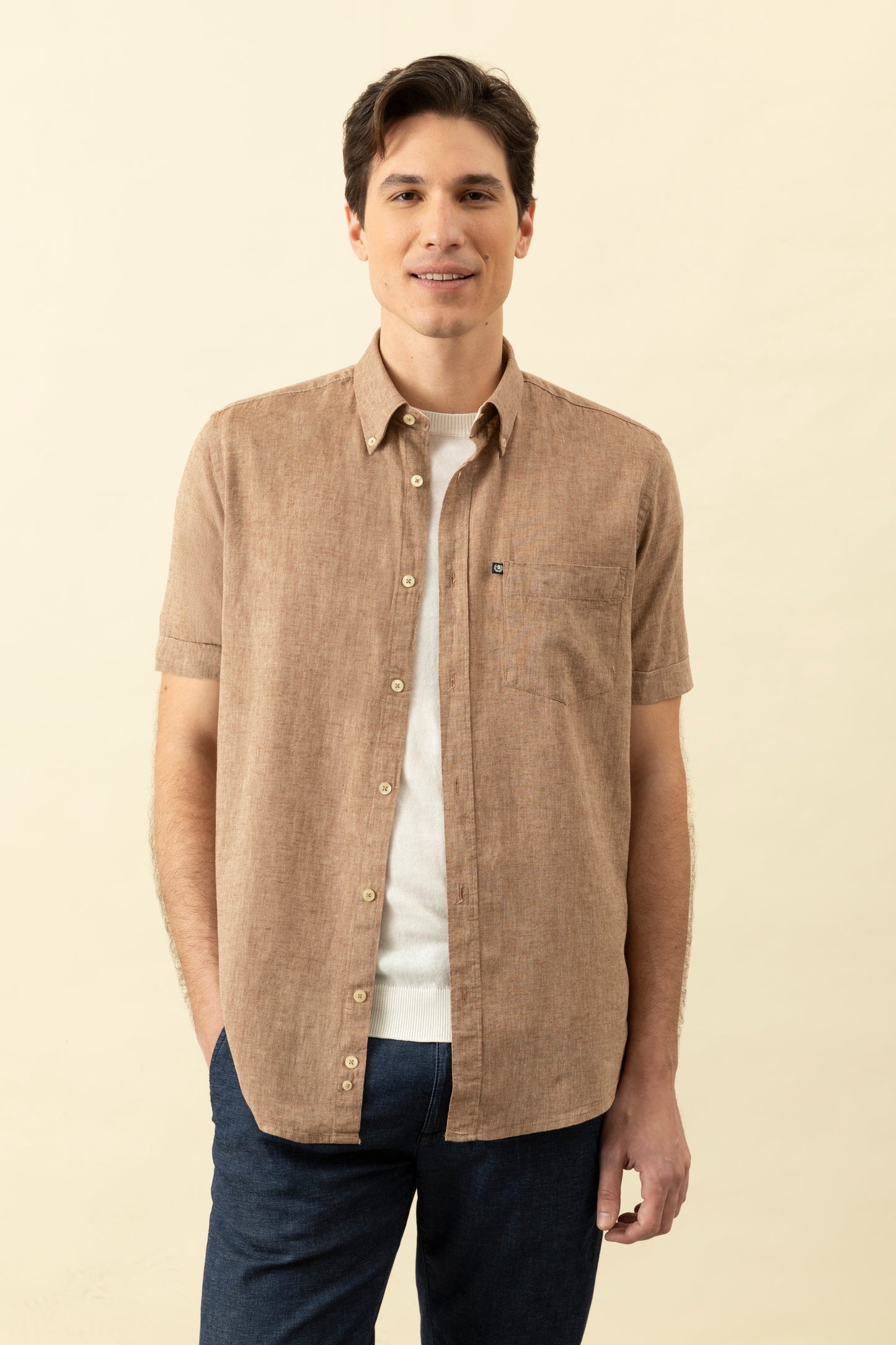 Camicia manica corta button down misto Lino Cotone