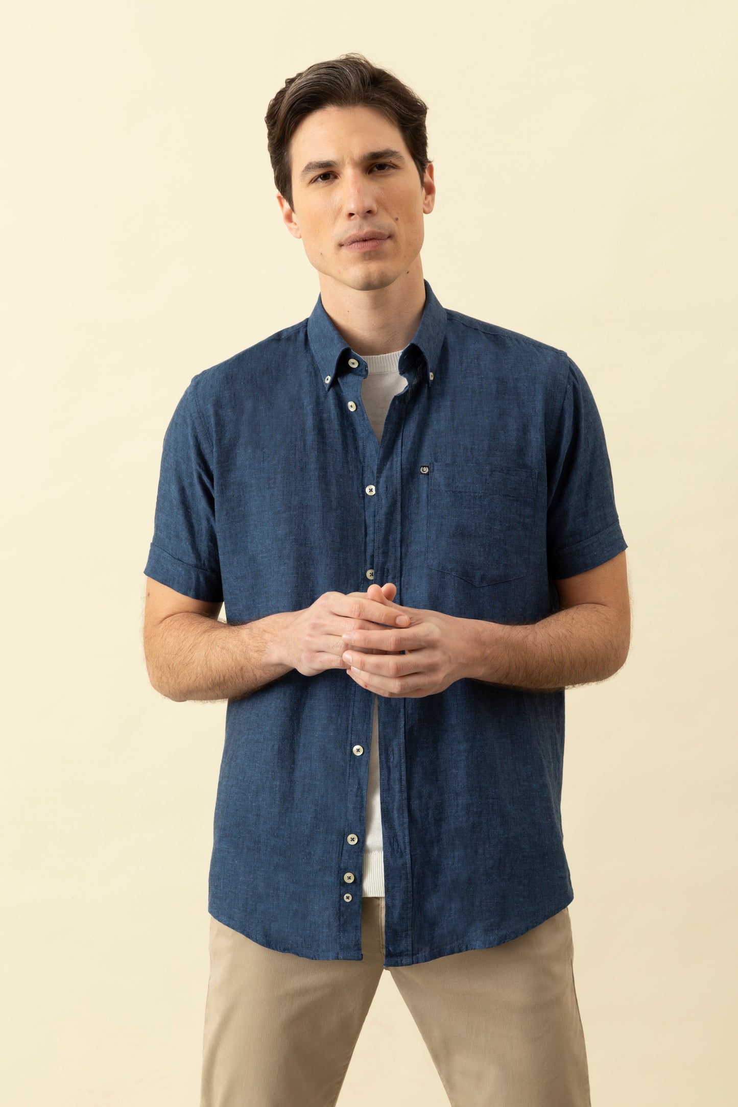 Camicia manica corta button down in misto lino cotone