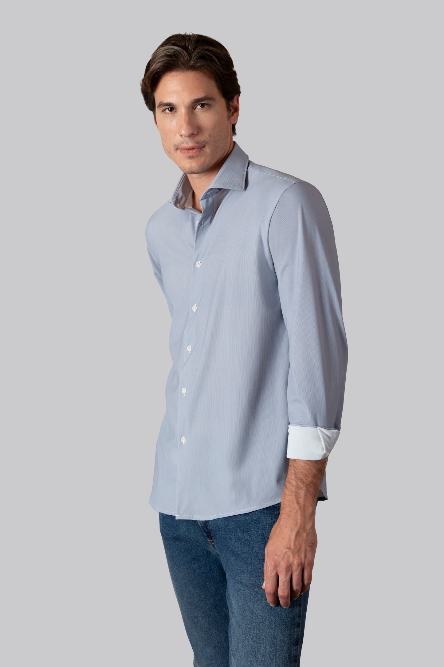 Camicia collo classico in tessuto stampato tech-stretch no stiro