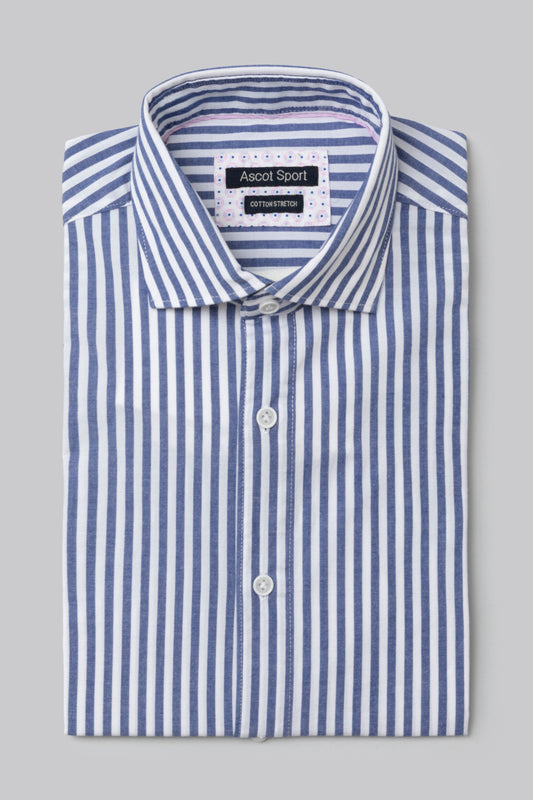 Camicia collo classico in cotone stretch fantasia riga blu e bianco